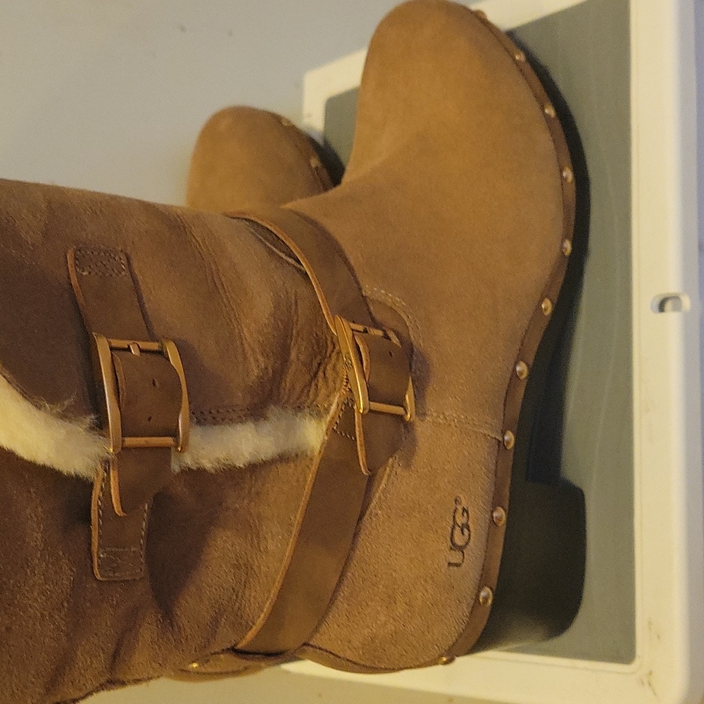 Ugg boots, mid calf or ankle if you fold over. Chestnut suede is prestine.
